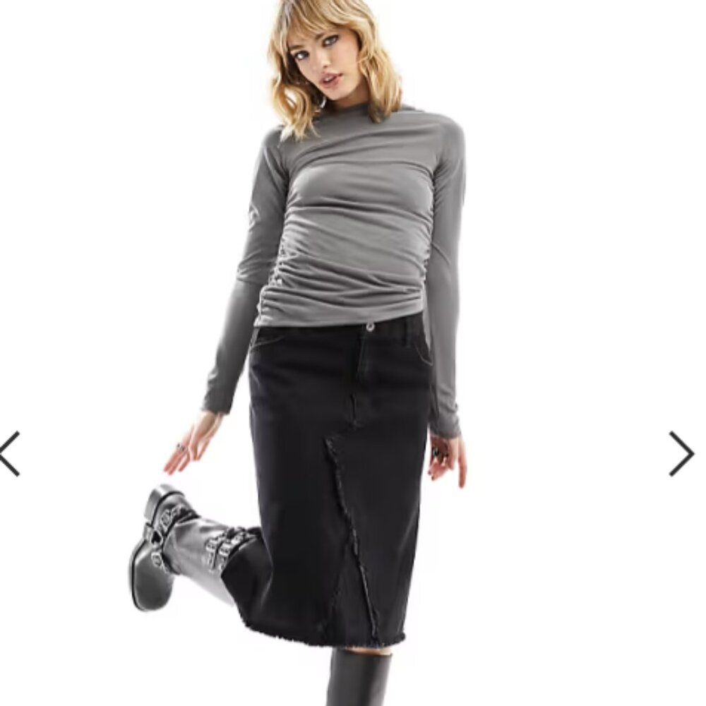 Weekday asymmetric long sleeve top in khaki gray